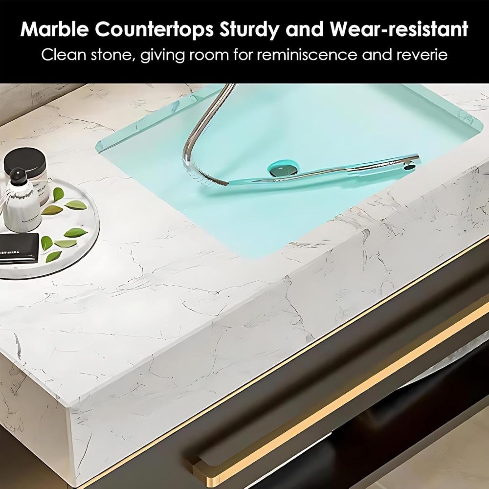 74IN Bathroom Vanity Sink Set - Bathroom Vanity with Sink, Stylish Design, Wall Mounted Floating LED Smart Defog Mirror Cabinet, Large Storage Drawer, Complete Accessorie, Black