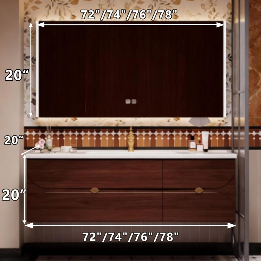 72IN Bathroom Vanity with Sink - Bathroom Vanity with Smart Defogging Mirror, Wall-Mounted Design, Sink Cabinet with Waterproof Finish, Complete Accessories, Fully Assembled, B