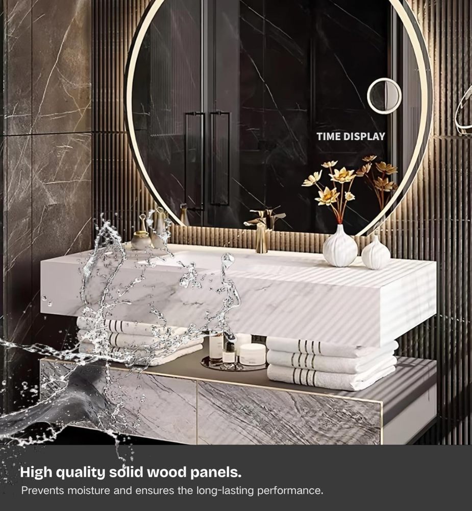 44IN Bathroom Vanity with Sink - Modern Floating Sink Cabinet with Storage Drawer, Smart Round Mirror & Integrated Countertop, Includes Accessories, Fully Assembled, White Marble