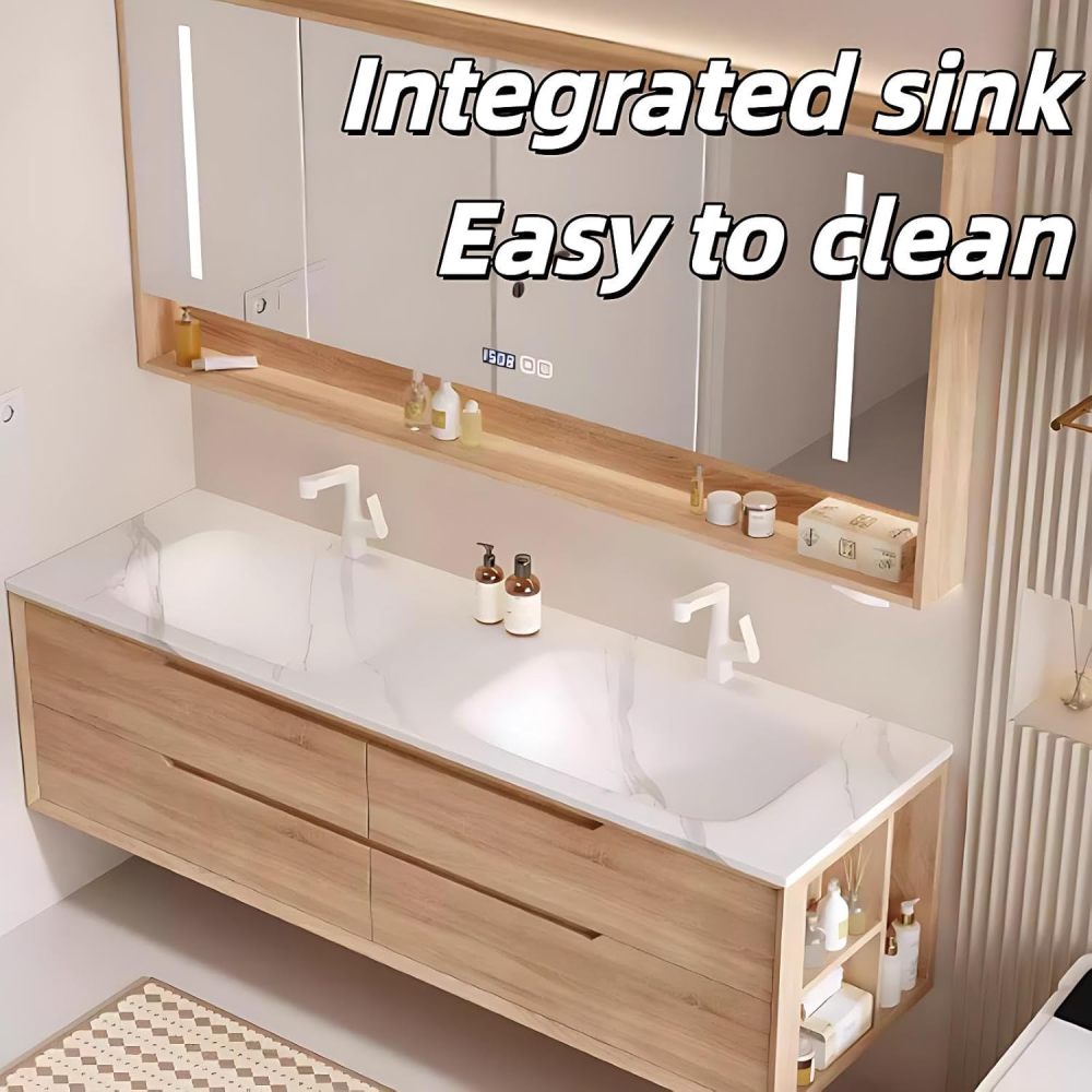 72IN Bathroom Vanity with Sink - Double Sink Bathroom Vanity with Anti-Fog Mirror, Seamless Easy-Clean Basin, Complete Accessories, Fully Assembled, Wood