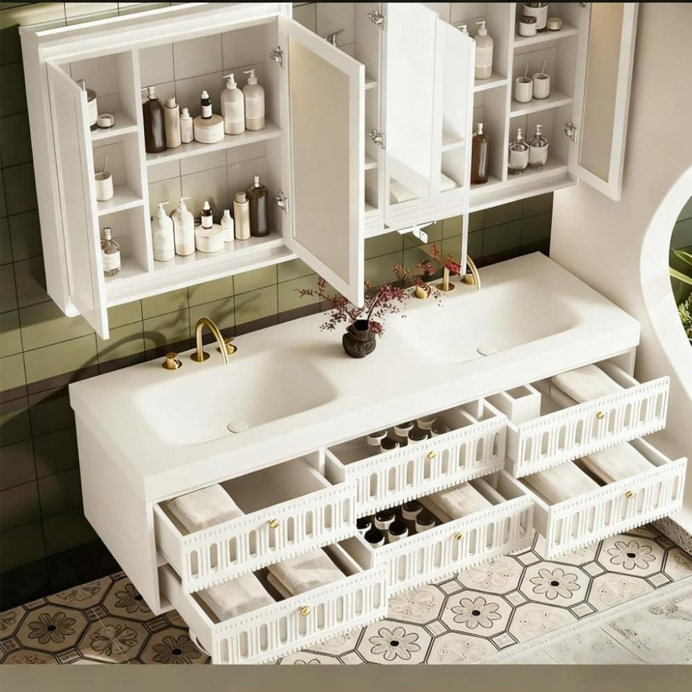 72IN Double Sink Bathroom Vanity - Luxury Bathroom Vanity with Smart LED Defogging Mirror ? Spacious Storage Cabinets, Customizable Design for Effortless Organization, White