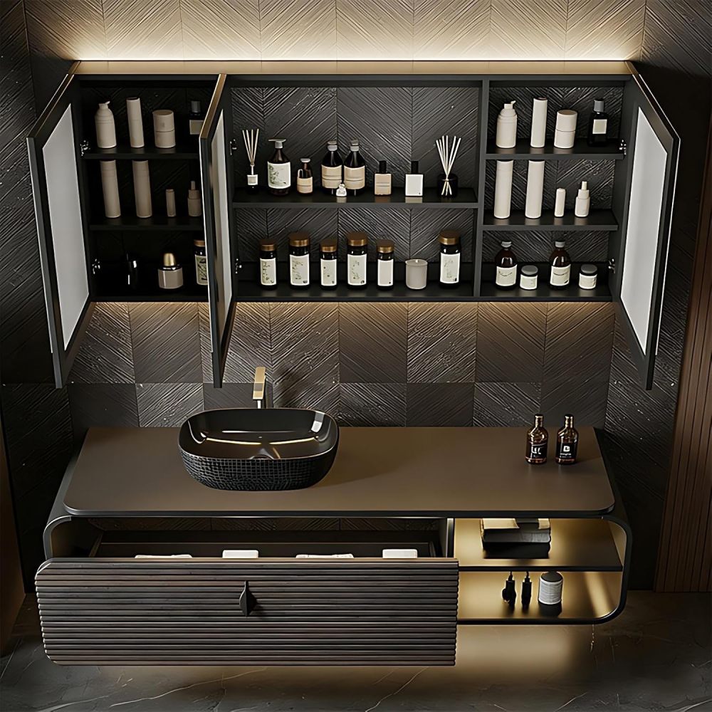 60IN Bathroom Vanity - Luxury Bathroom Vanity with Smart Defog Mirror, One-Touch Defog & Lighting, Floating Sink Cabinet with Drawers and Open Storage Spaces, No Assembly Required