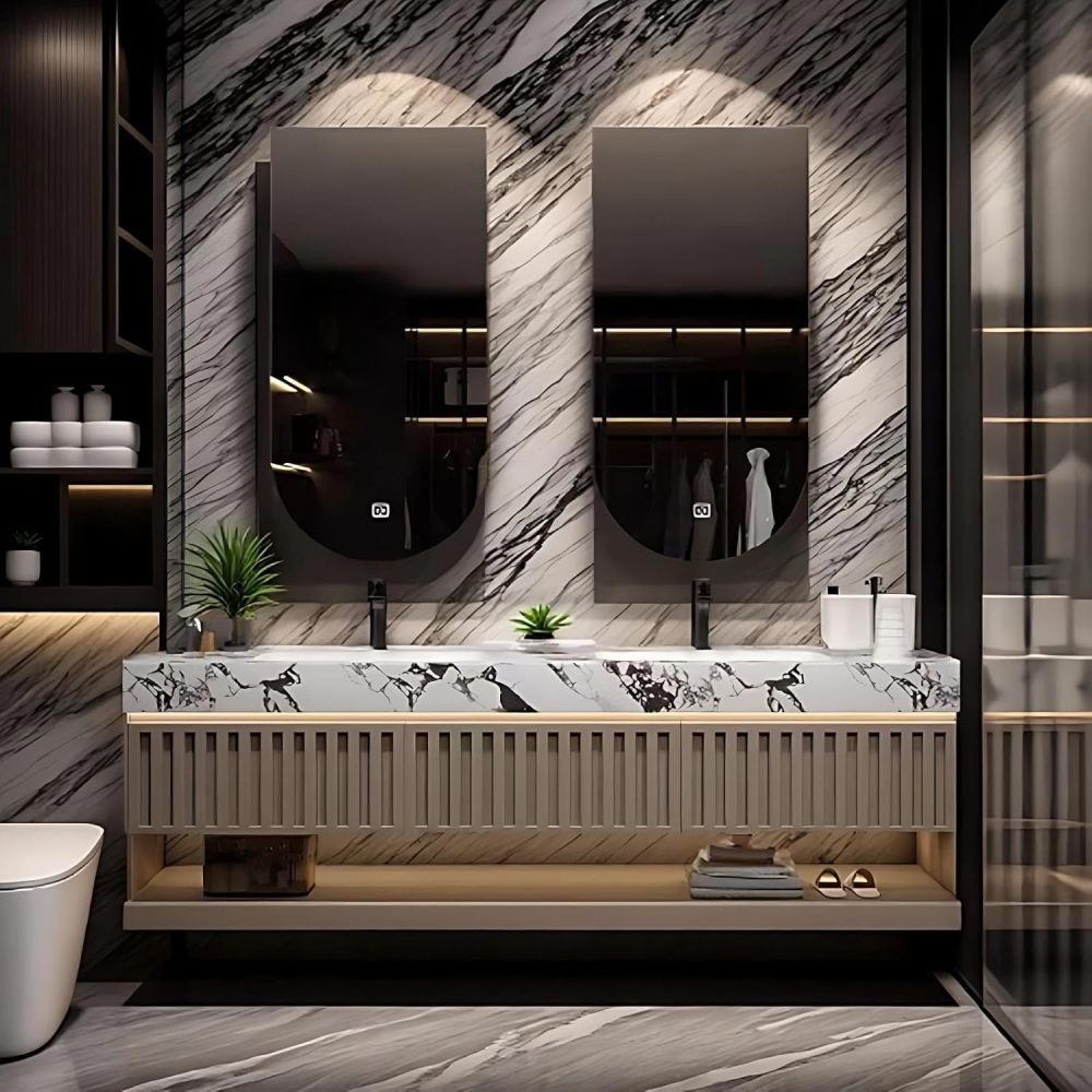 60IN Bathroom Vanity - Wall Mounted Bathroom Vanity with Seamless Double Sink and Smart Anti-Fog Mirror Cabinet, Modern Sink Cabinet with 3 Drawers, Khaki - Mirror