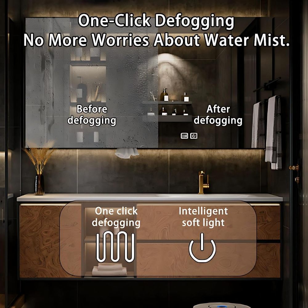 60IN Bathroom Vanity - Luxury Bathroom Vanity with Smart Defog Mirror, One-Touch Defog, Floating Bathroom Sink Cabinet with 2 Drawers & Door, No Assembly Required, Brown - Mirror