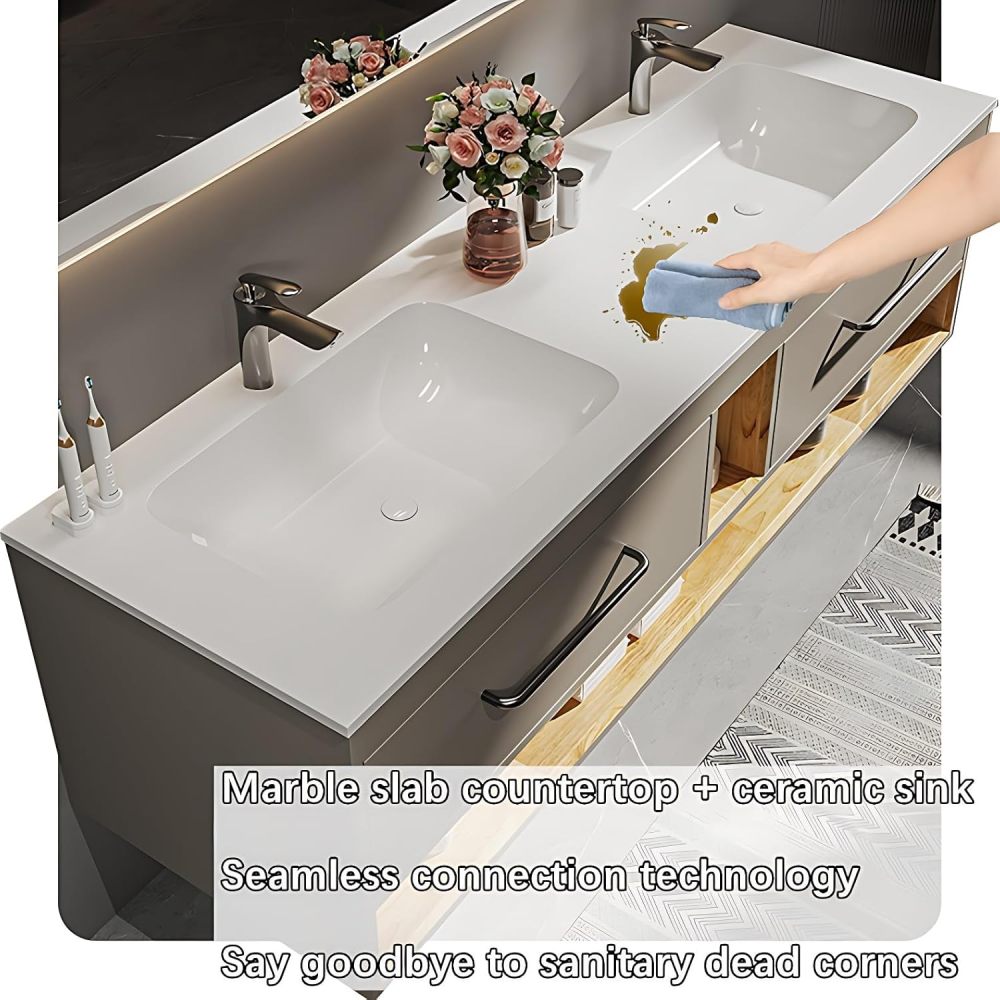 Bathroom Vanity with Sink - Double Sink Bathroom Vanity | Includes Faucet & Smart Defog Mirror Combination | Wall Mount | Multi-Layer Solid Wood Material