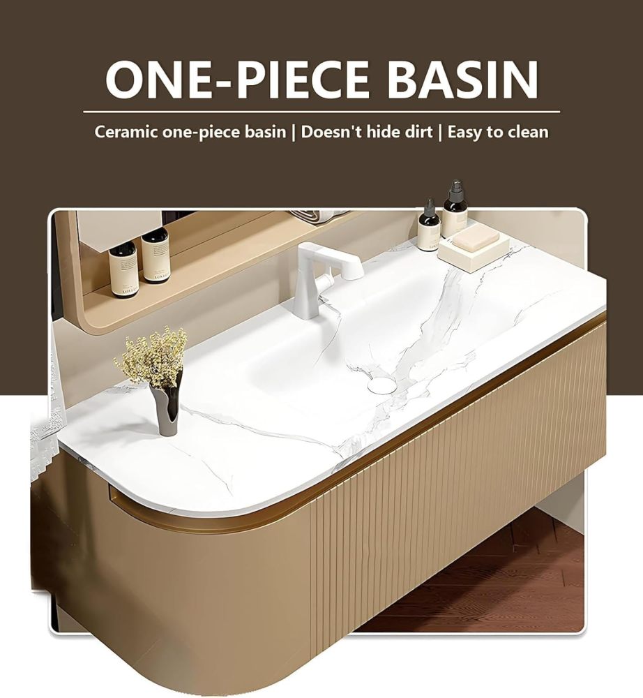58IN Floating Bathroom Vanity with Sink - Elegant Vanity Sink Cabinet with LED Smart Defogging Mirror and Open Shelf, Striped Drawer, Integrated Sink, Includes Accessories, White