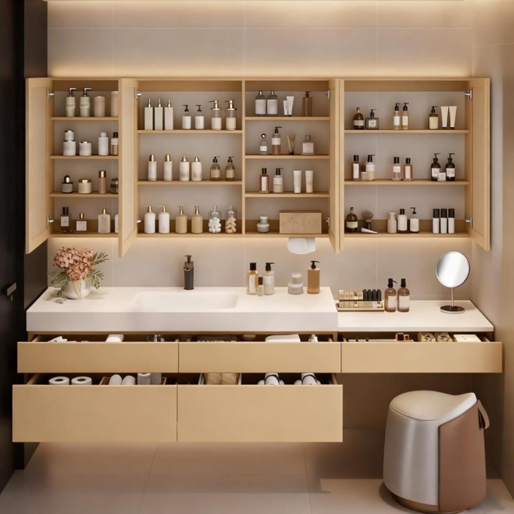 72IN Bathroom Vanity with Sink - Wall-Mounted Bathroom Vanity with Anti-Fog Mirror, Solid Wood Sink Cabinet, Independent Makeup Area, Includes Makeup Stool, Fully Assembled, Khaki