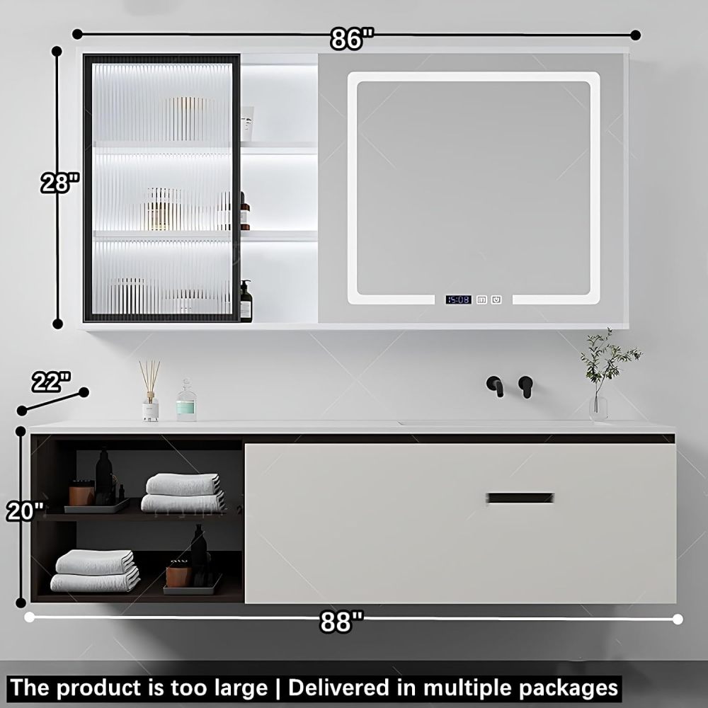 Bathroom Vanity - White Bathroom Vanity with Sink & Smart Defog Mirror Combination | Wall Mount | Multi-Layer Solid Wood Material (88")
