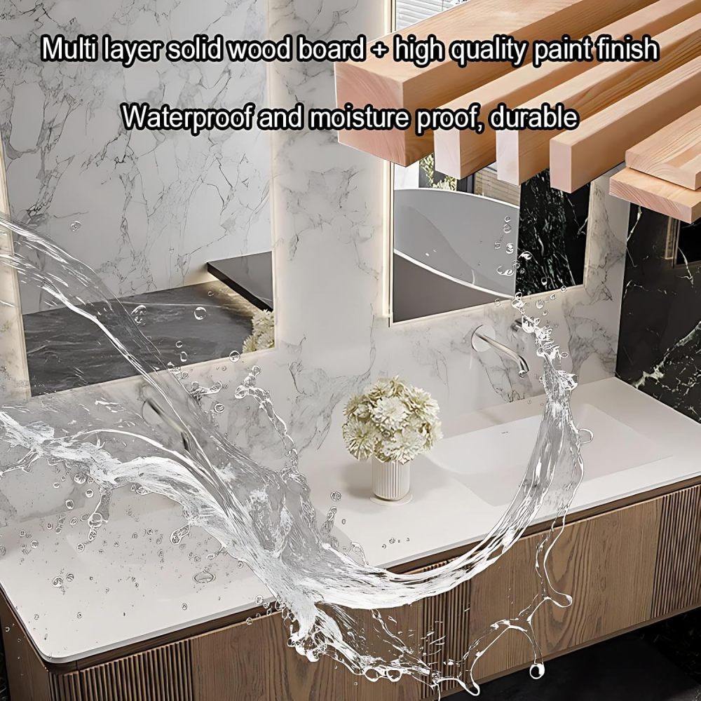 62IN Double Sink Bathroom Vanity - Solid Wood Bathroom Vanity with Smart Defog Mirror, Modern Sink Cabinet with 2 Large Capacity Drawers, No Assembly Required