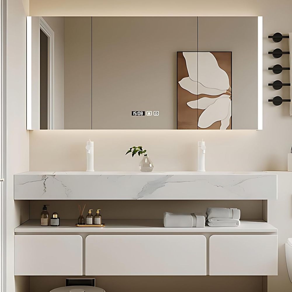 Bathroom Vanity - Modern Double Sink Bathroom Vanity, Including Sink & LED Smart Defog Function | Wall Mount | Multi-Layer Solid Wood Material (White, 88")