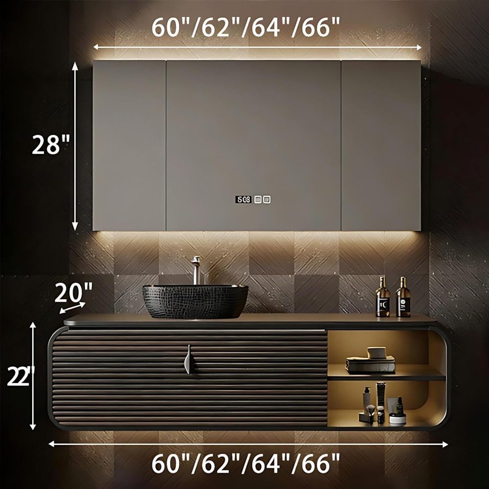 60IN Bathroom Vanity - Luxury Bathroom Vanity with Smart Defog Mirror, One-Touch Defog & Lighting, Floating Sink Cabinet with Drawers and Open Storage Spaces, No Assembly Required