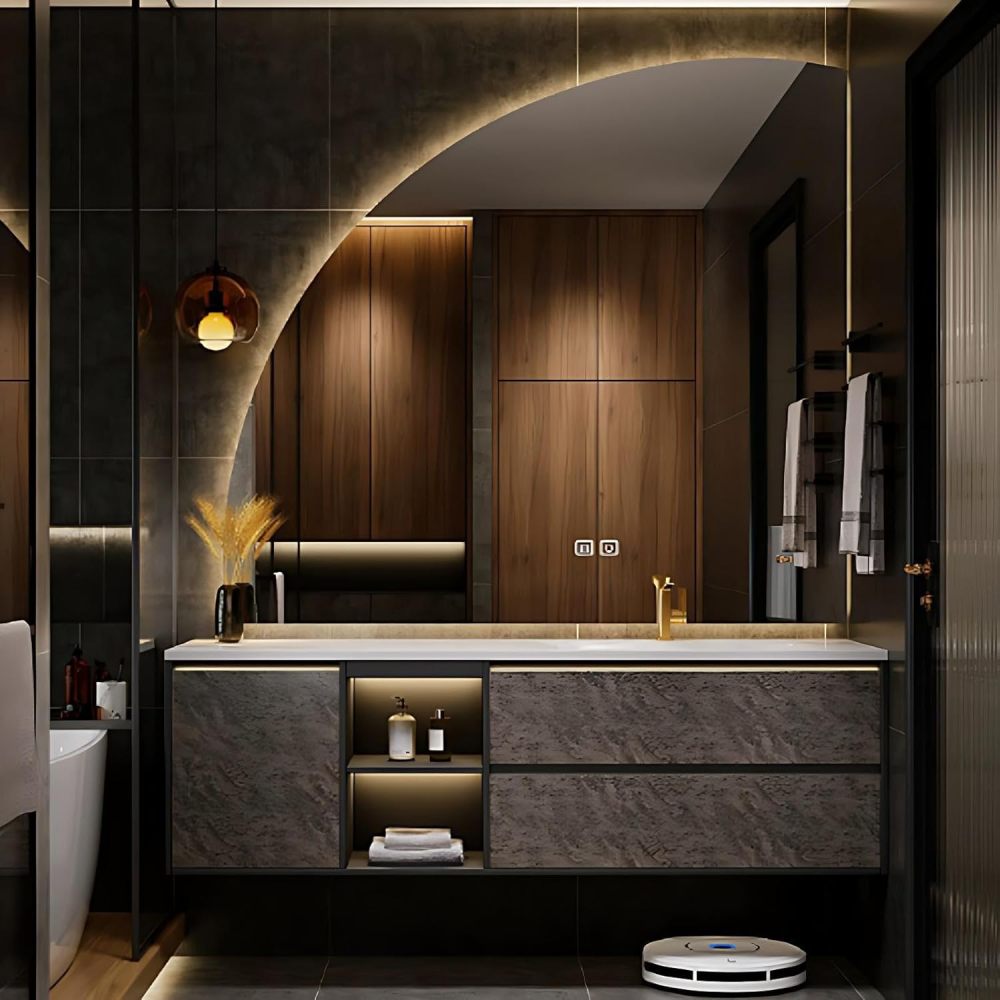 60IN Bathroom Vanity - Luxury Bathroom Vanity with Smart Defog Mirror, One-Touch Defog, Floating Bathroom Sink Cabinet with 2 Drawers & Door, No Assembly Required, Brown - Mirror