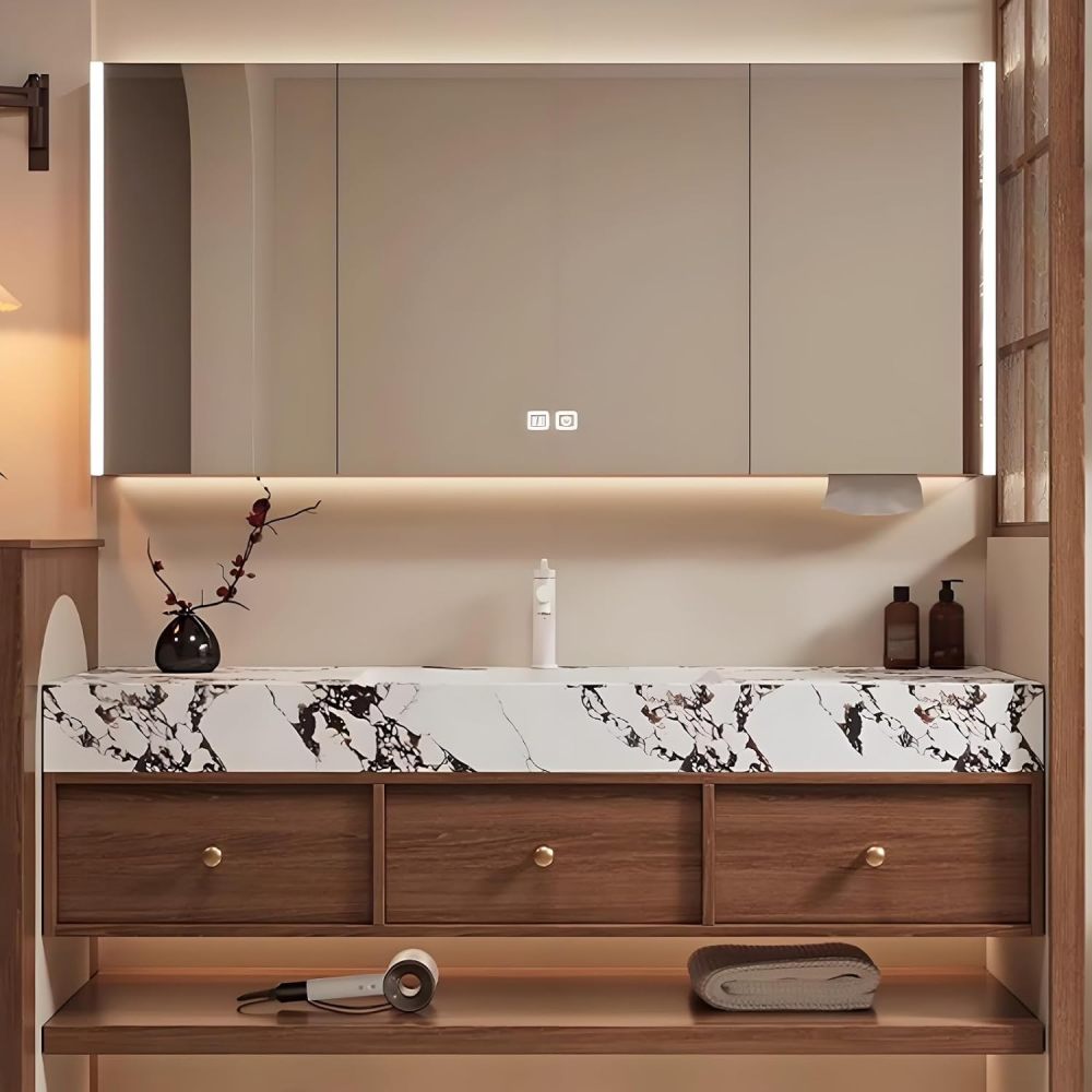 72IN Floating Bathroom Vanity with Sink - Bathroom Sink Cabinet with Seamless Basin & Smart Anti-Fog Mirror, Complete Accessories, Fully Assembled, Wood B