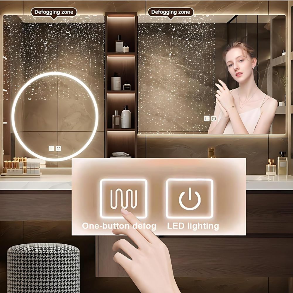 Floating Bathroom Vanity - Modern Bathroom Vanity Set with Seamless Sink & Smart LED Defog Mirror Cabinet, Wall-Mount Makeup Table with Drawers, Includes Makeup Stool (Off-White, 68IN)