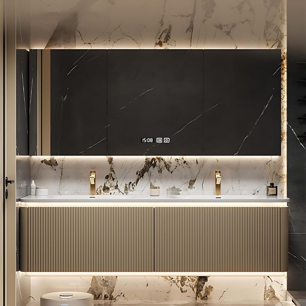 Bathroom Vanity with Sink - Double Sink Bathroom Vanity | LED Smart Defog Mirror Cabinet Included | Dual Zone Design | Multi-Layer Solid Wood Material | Wall Mounted