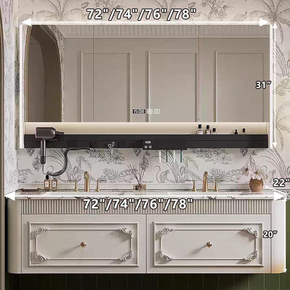 72IN Double Sink Bathroom Vanity - Bathroom Vanity with Anti-Fog LED Mirror & Ample Storage, Solid Wood Sink Cabinet for Modern Home