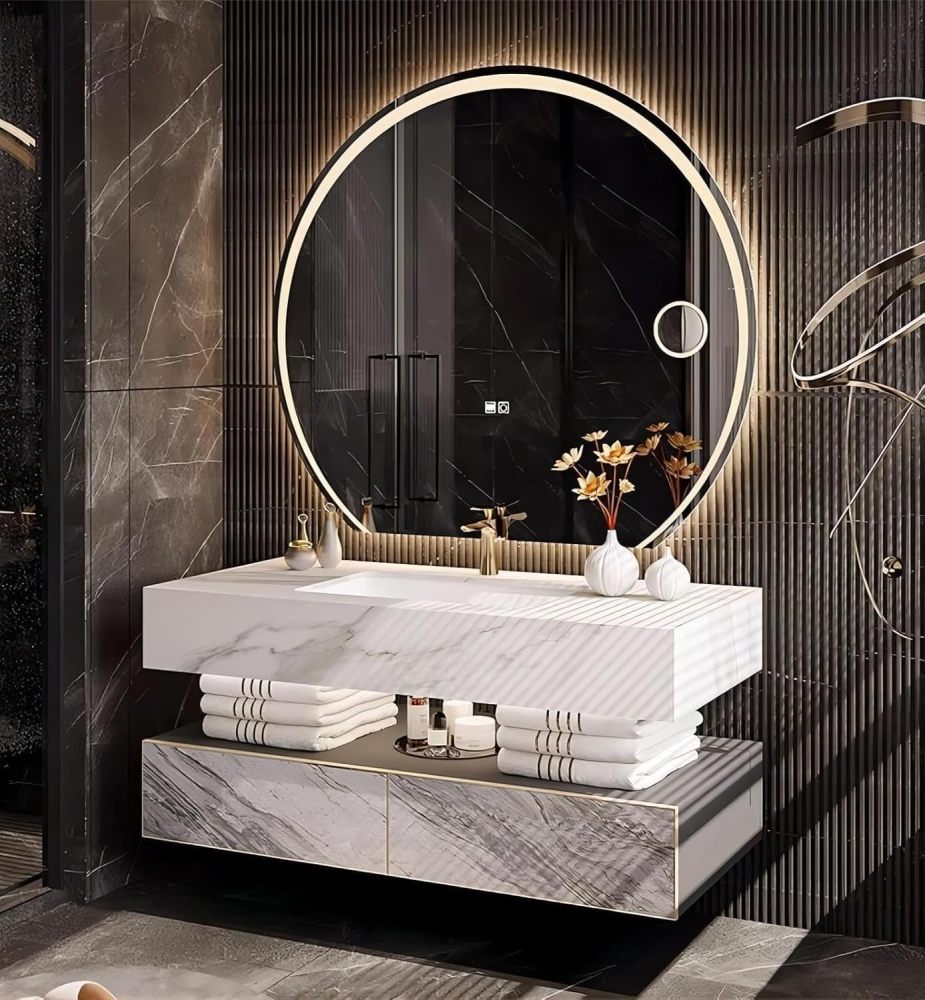 44IN Bathroom Vanity with Sink - Modern Floating Sink Cabinet with Storage Drawer, Smart Round Mirror & Integrated Countertop, Includes Accessories, Fully Assembled, White Marble