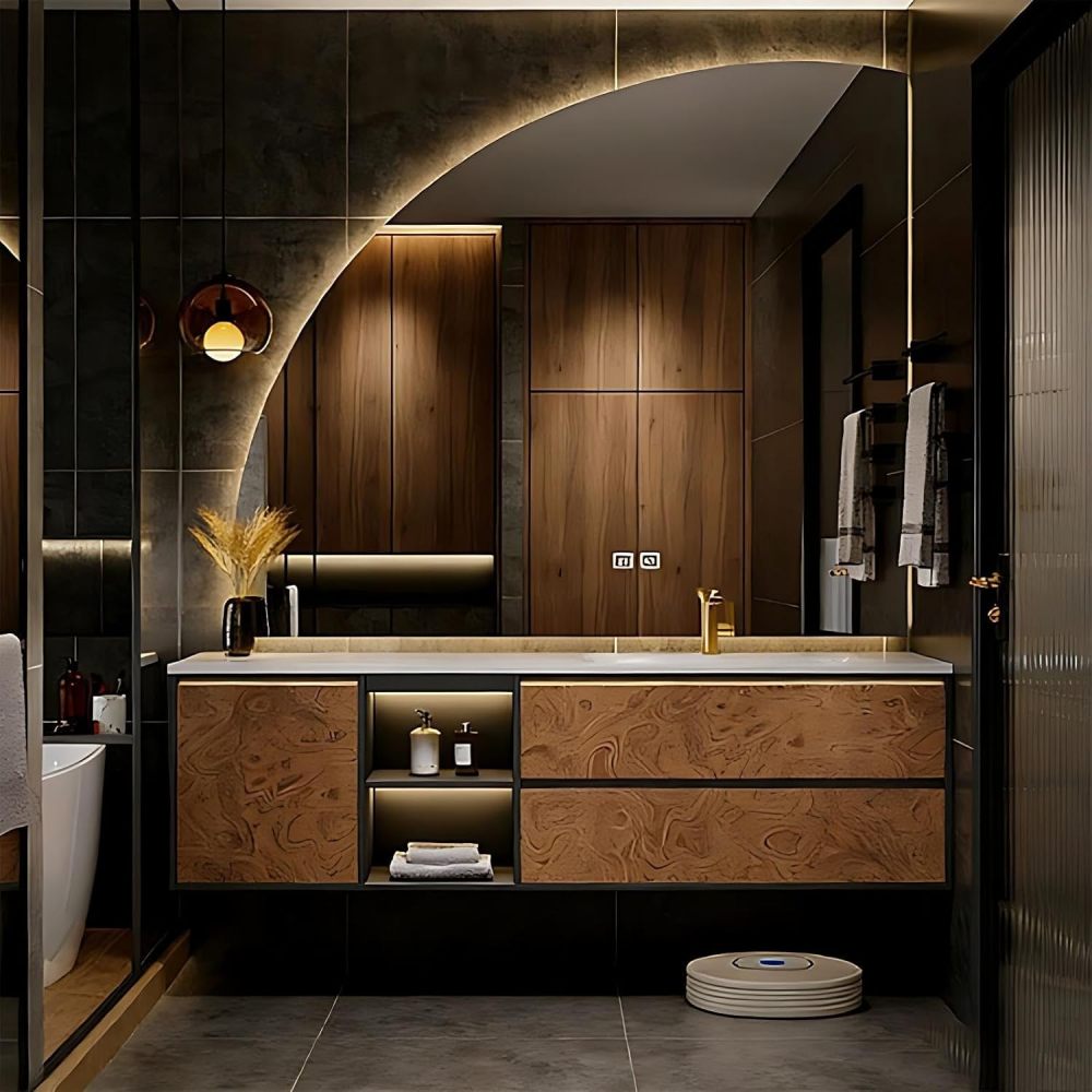 60IN Bathroom Vanity - Luxury Bathroom Vanity with Smart Defog Mirror, One-Touch Defog, Floating Bathroom Sink Cabinet with 2 Drawers & Door, No Assembly Required, Coffee - Mirror
