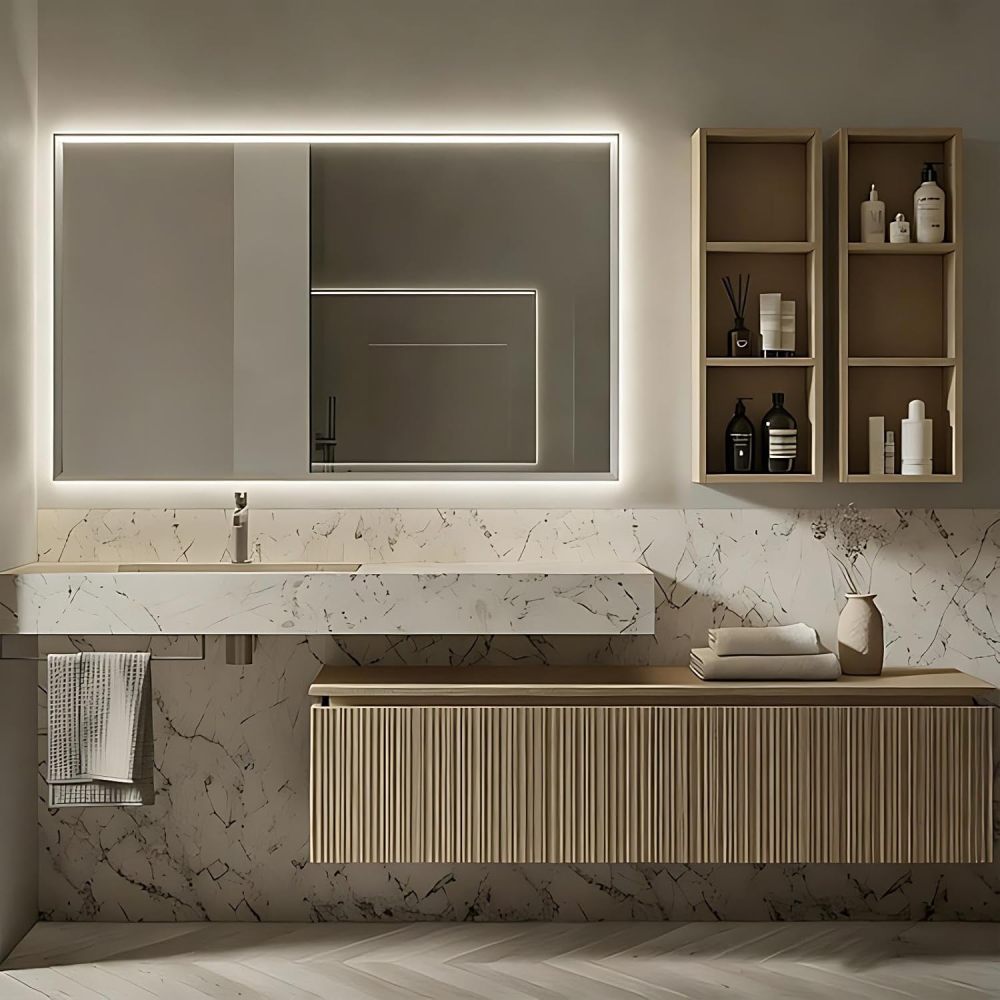 60IN Bathroom Vanity - Modern Bathroom Vanity with Smart Defog Mirror, One-Touch Defog & Lighting, Solid Wood Floating Sink Cabinet with Multiple Storage Areas, No Assembly Required