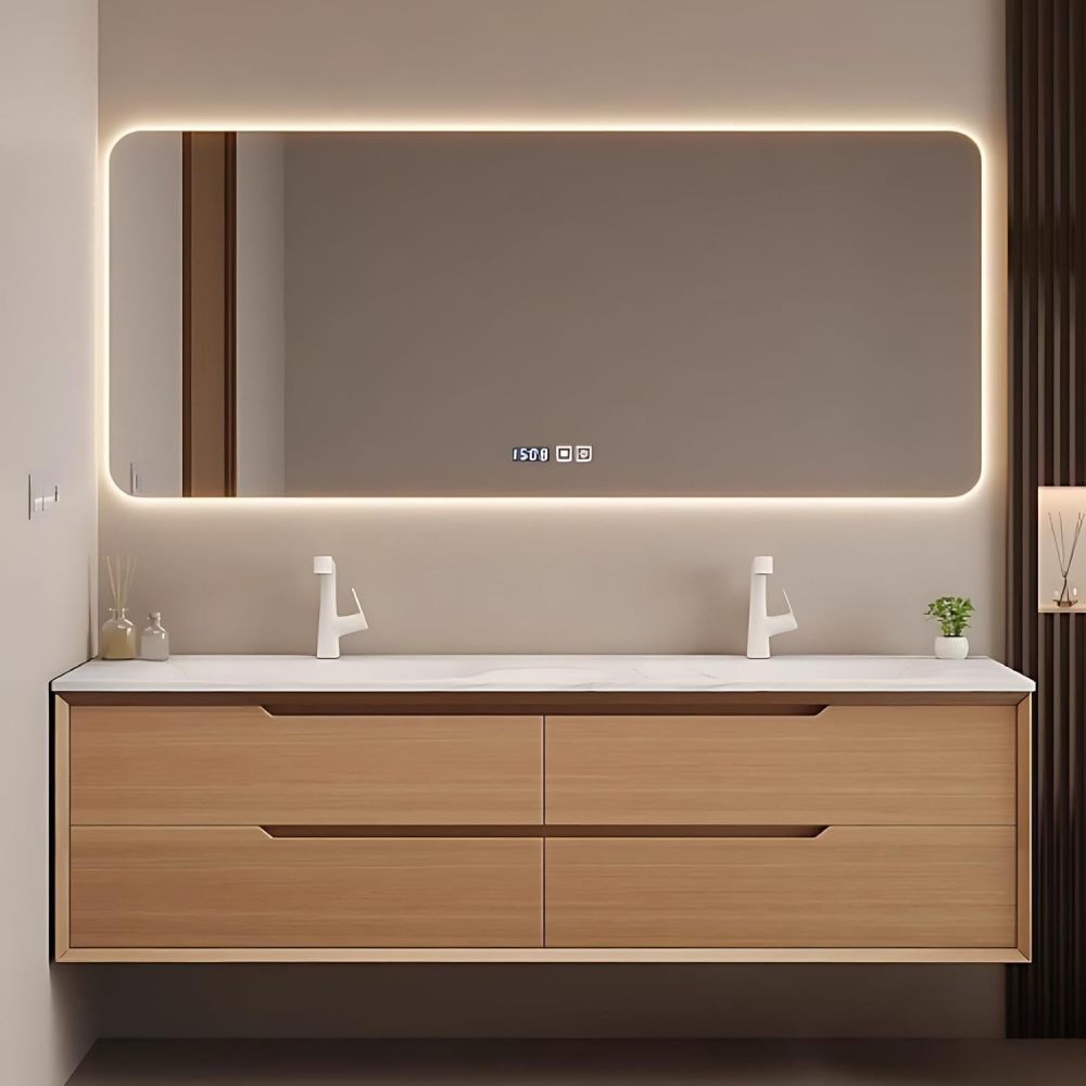 72IN Bathroom Vanity with Sink - Double Sink Bathroom Vanity with Anti-Fog Mirror, Seamless Easy-Clean Basin, Complete Accessories, Fully Assembled, Wood