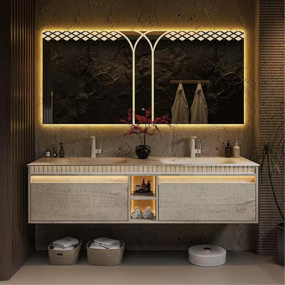 72IN Double Sink Bathroom Vanity - Bathroom Vanity with Anti-Fog Mirror, Solid Wood Sink Cabinet with Drawers, Complete Accessorie, Fully Assembled