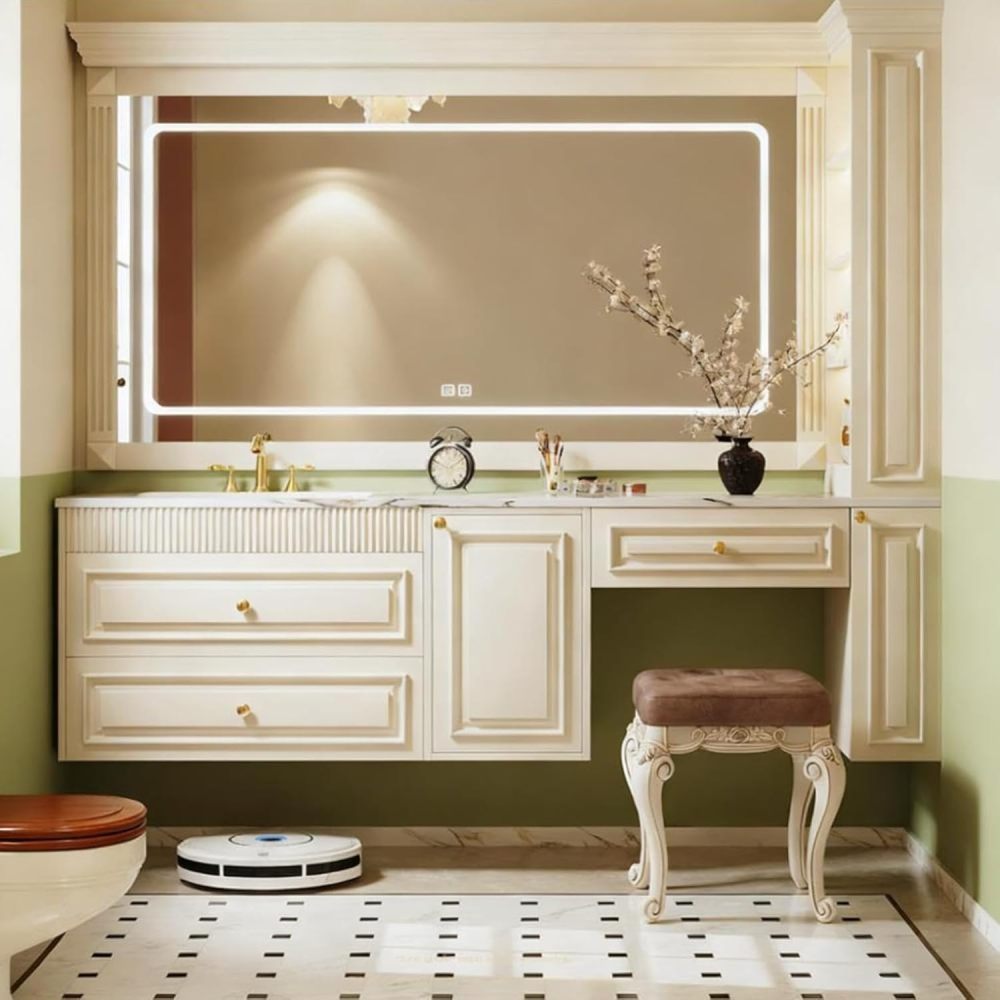 72IN Bathroom Vanity with Sink - Floating Bathroom Sink Cabinet with Makeup Area, LED Anti-Fog Mirror, Fully Assembled, Complete Accessories, Includes Makeup Stool, White