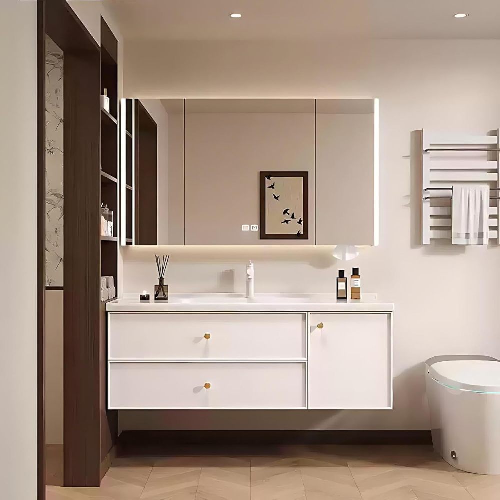 72IN Bathroom Vanity with Sink - Small Bathroom Vanity with Smart Defrost Mirror, Seamless Easy-Clean Basin, Wall-Mounted, Complete Accessories, Fully Assembled, White