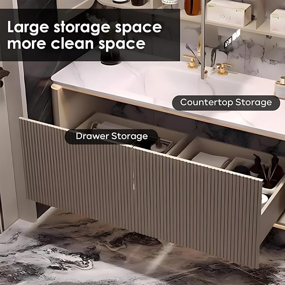 80IN Bathroom Vanity Double Sink - Luxurious Bathroom Vanity Set Includes Smart Defog Mirror with Lights, Striped Vanity Sink Cabinet, Complete Accessorie, Fully Assembled, Gold