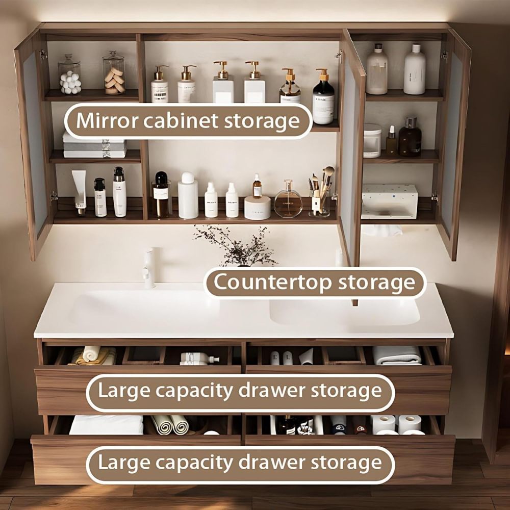 72IN Bathroom Vanity with Sink - Wall-Mounted Bathroom Vanity Set with Anti-Fog Mirror, 4 Drawers & Seamless Basin, Waterproof Finish, Complete Accessories, Fully Assembled, Wood