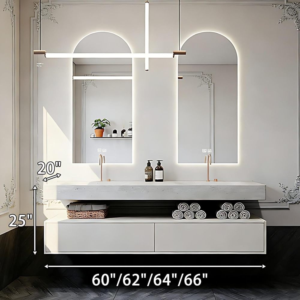 60IN Double Sink Bathroom Vanity - Modern Bathroom Vanity with Smart Defog Mirror, Floating Sink Cabinet with 2 Drawers, Complete Accessories, No Assembly Required, White - Mirror