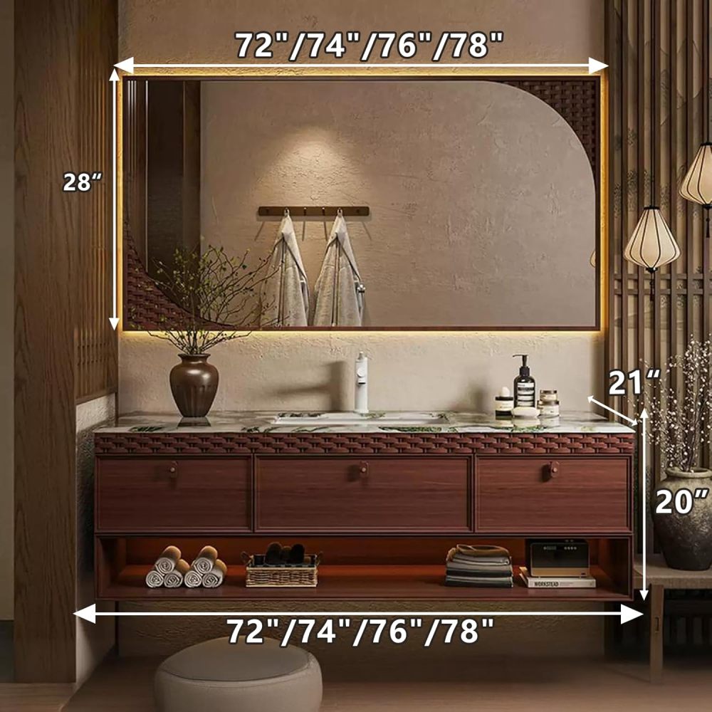 72IN Bathroom Vanity with Sink - Wall-Mounted Bathroom Vanity with 3 Drawers, Smart Anti-Fog Mirror & Seamless Sink, Complete Accessorie, Fully Assembled, Wood