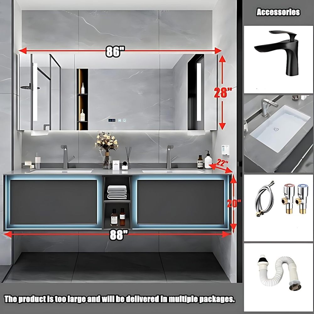 Bathroom Vanity with Sink - Modern Double Sink Bathroom Vanity & Smart Mirror Cabinet Set, Wall Mount | Multi-Layer Solid Wood Material | Suitable for Large Mathrooms(White, 88")