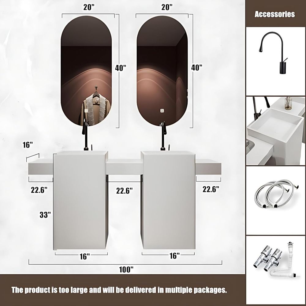 Bathroom Vanity with Sink - Single/Double Sink Bathroom Vanity & Smart Mirror Combination, Elegant and Stylish |2 Options | Multi-Layer Solid Wood Material (Double Sink, 100")