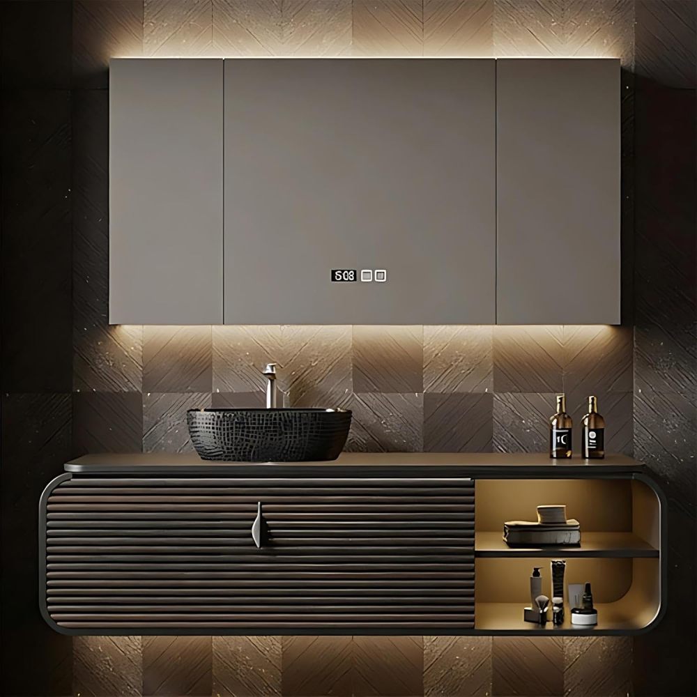 60IN Bathroom Vanity - Luxury Bathroom Vanity with Smart Defog Mirror, One-Touch Defog & Lighting, Floating Sink Cabinet with Drawers and Open Storage Spaces, No Assembly Required