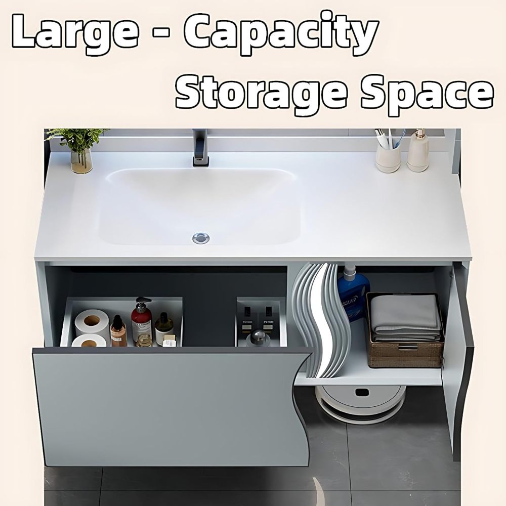 Bathroom Vanity - Modern Bathroom Vanity with Sink & LED Smart Defog Function | Wall Mount | Multi-Layer Solid Wood Material | Modern and Stylish Design (Square Mirror, 36")