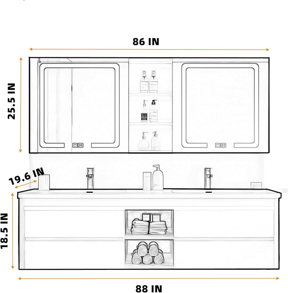 Bathroom Vanity with Sink - Double Sink Bathroom Vanity Cabinet & Smart Mirror Cabinet Set, Wall Mounted Modern Floating Vanity, Suitable for Large Bathrooms (88",White)