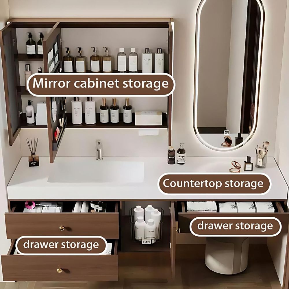 72IN Bathroom Vanity with Sink - Bathroom Vanity with Makeup Area Defog Mirror & 3 Drawers, Seamless Sink, Complete Accessories, Fully Assembled, Includes Makeup Stool, Wood