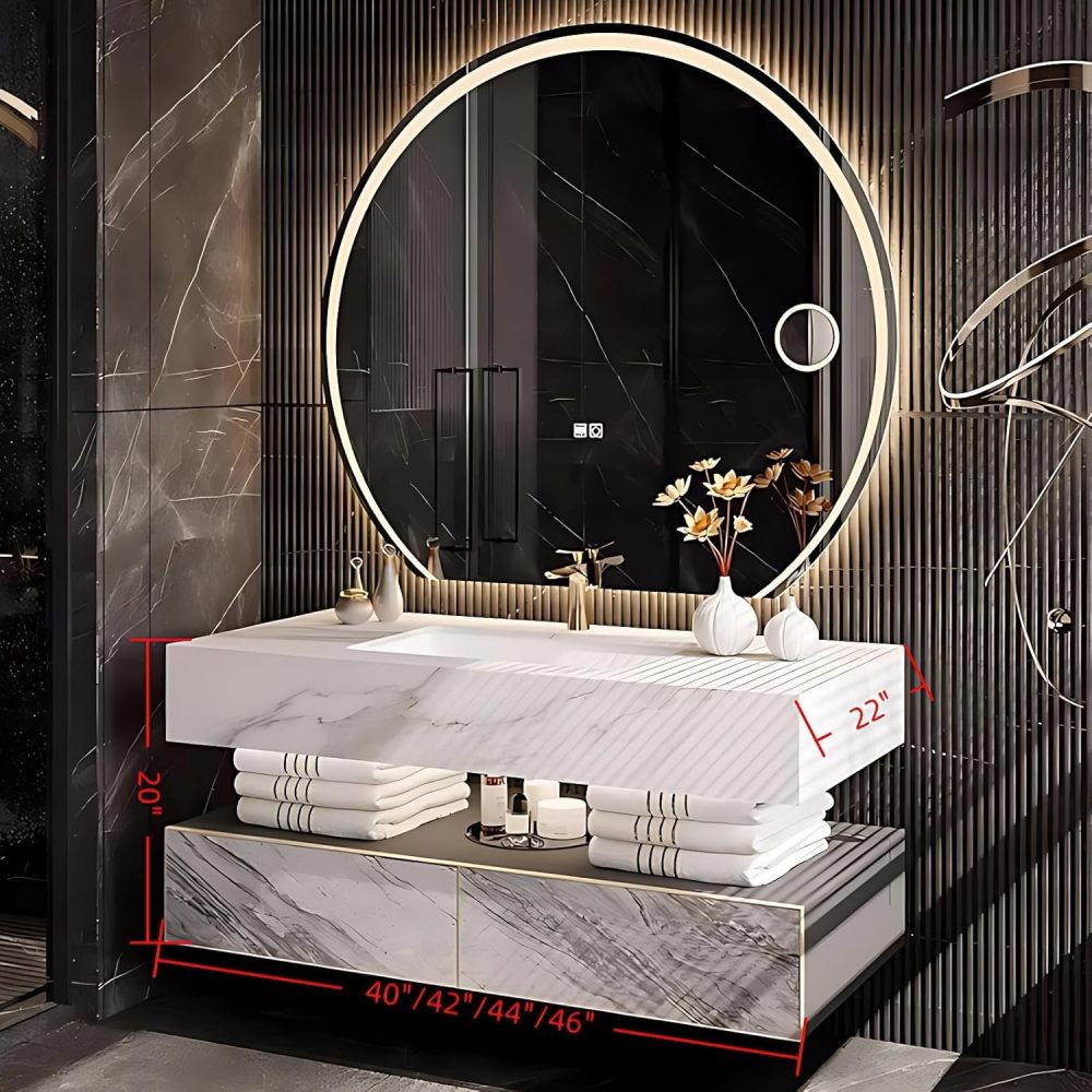 44IN Bathroom Vanity with Sink - Modern Floating Sink Cabinet with Storage Drawer, Smart Round Mirror & Integrated Countertop, Includes Accessories, Fully Assembled, White Marble