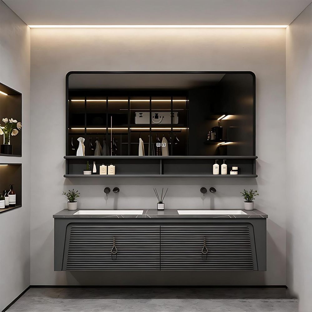 60IN Bathroom Vanity - Luxury Bathroom Vanity with Smart Defog Mirror, One-Touch Defog & Lighting, Floating Sink Cabinet with 2 Large Capacity Drawers, No Assembly Required, Light Gray