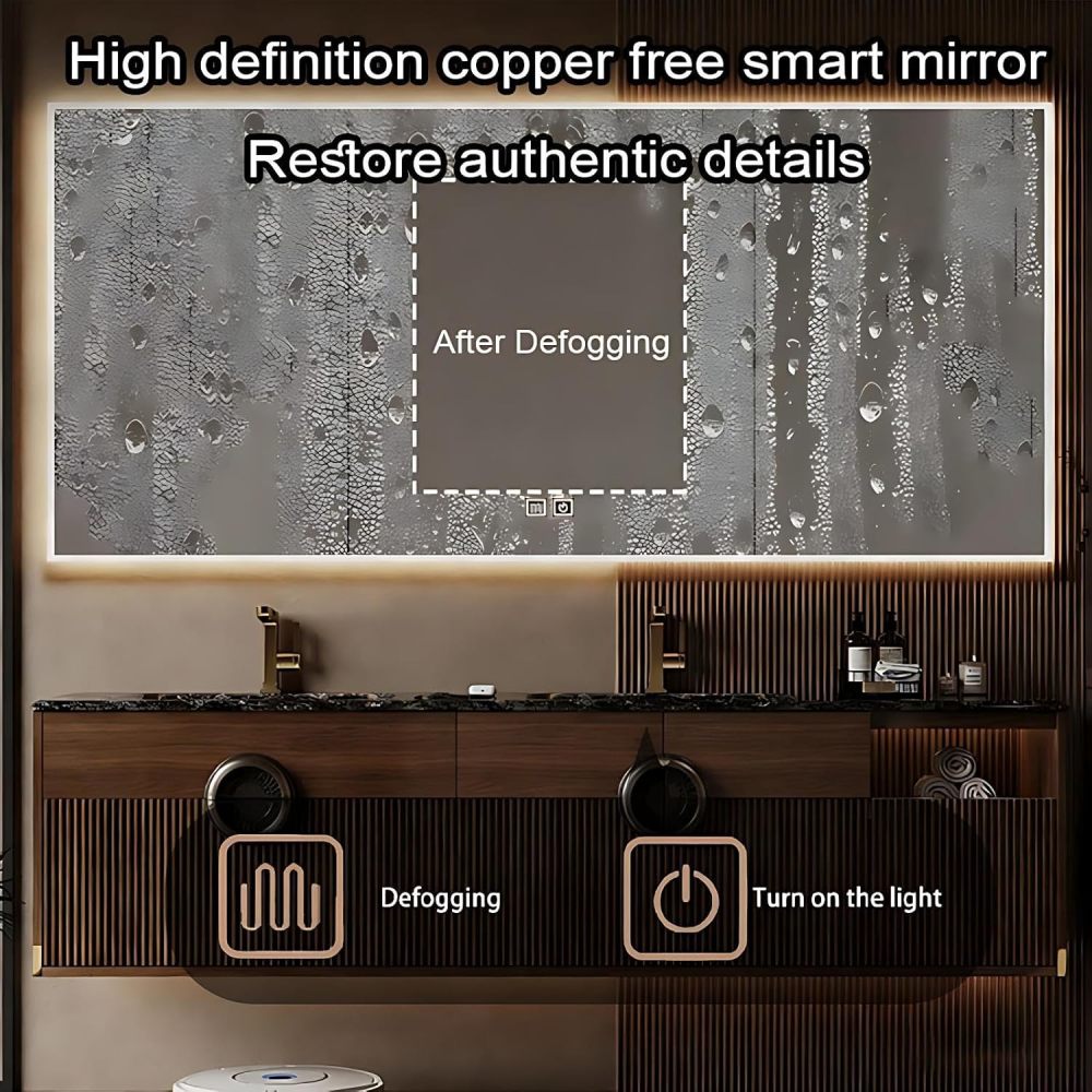 70IN Double Sink Bathroom Vanity - Luxury Bathroom Vanity with Smart Defog Mirror, Solid Wood Sink Cabinet with Multiple Storage Areas & Seamless Sink, No Assembly Required
