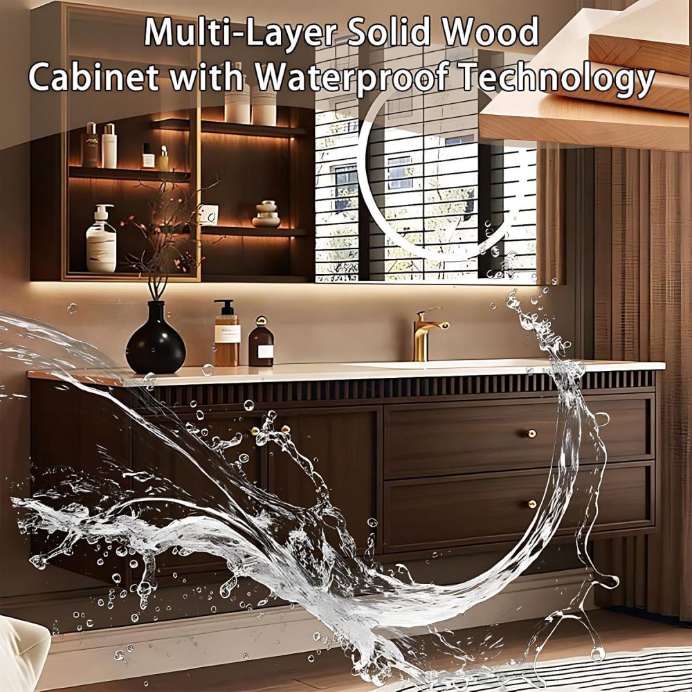 60IN Bathroom Vanity - Solid Wood Bathroom Vanity with Anti-Fog Mirror Cabinet, Floating Sink Cabinet with Multiple Storage Areas, No Assembly Required, Brown