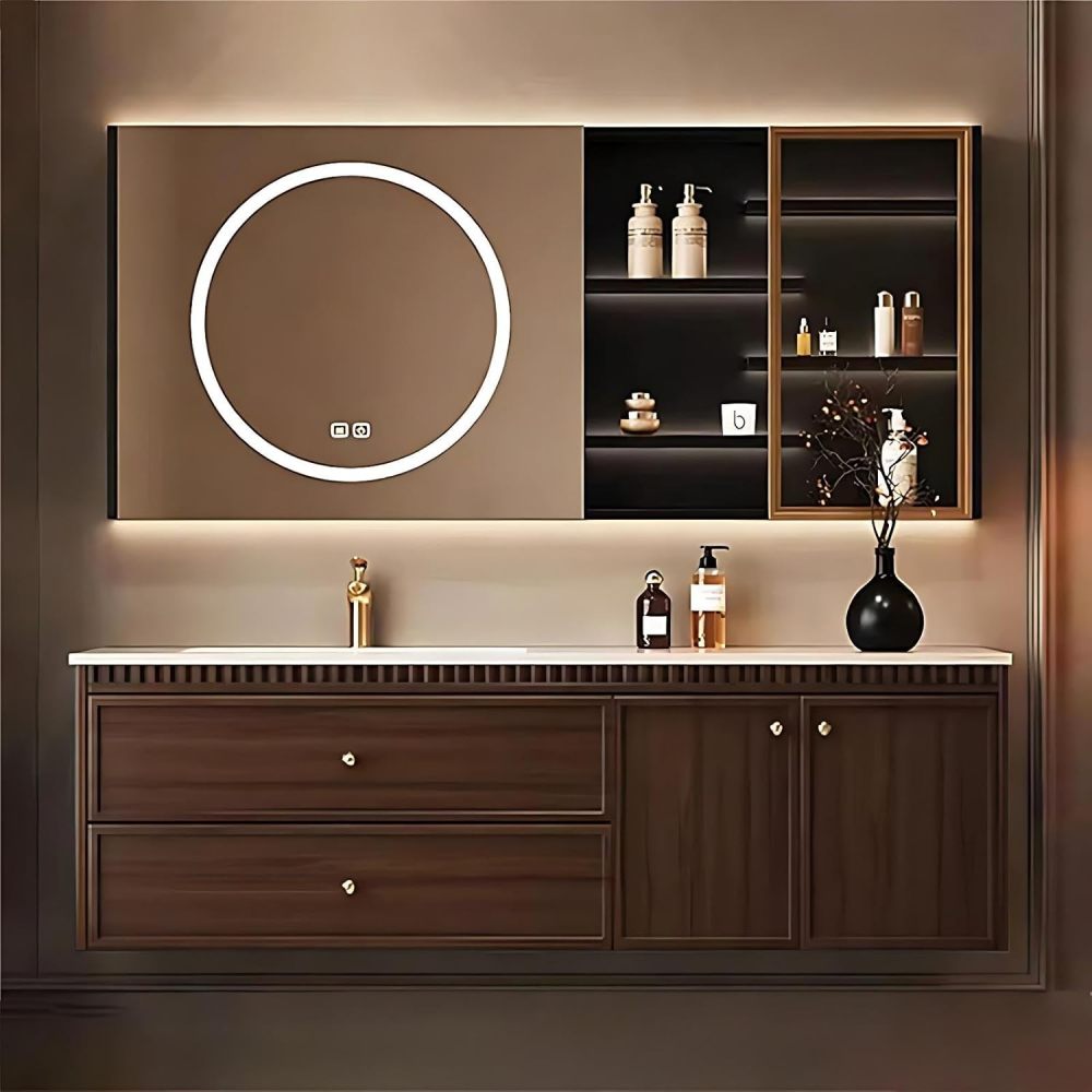 60IN Bathroom Vanity - Solid Wood Bathroom Vanity with Anti-Fog Mirror Cabinet, Floating Sink Cabinet with Multiple Storage Areas, No Assembly Required, Brown
