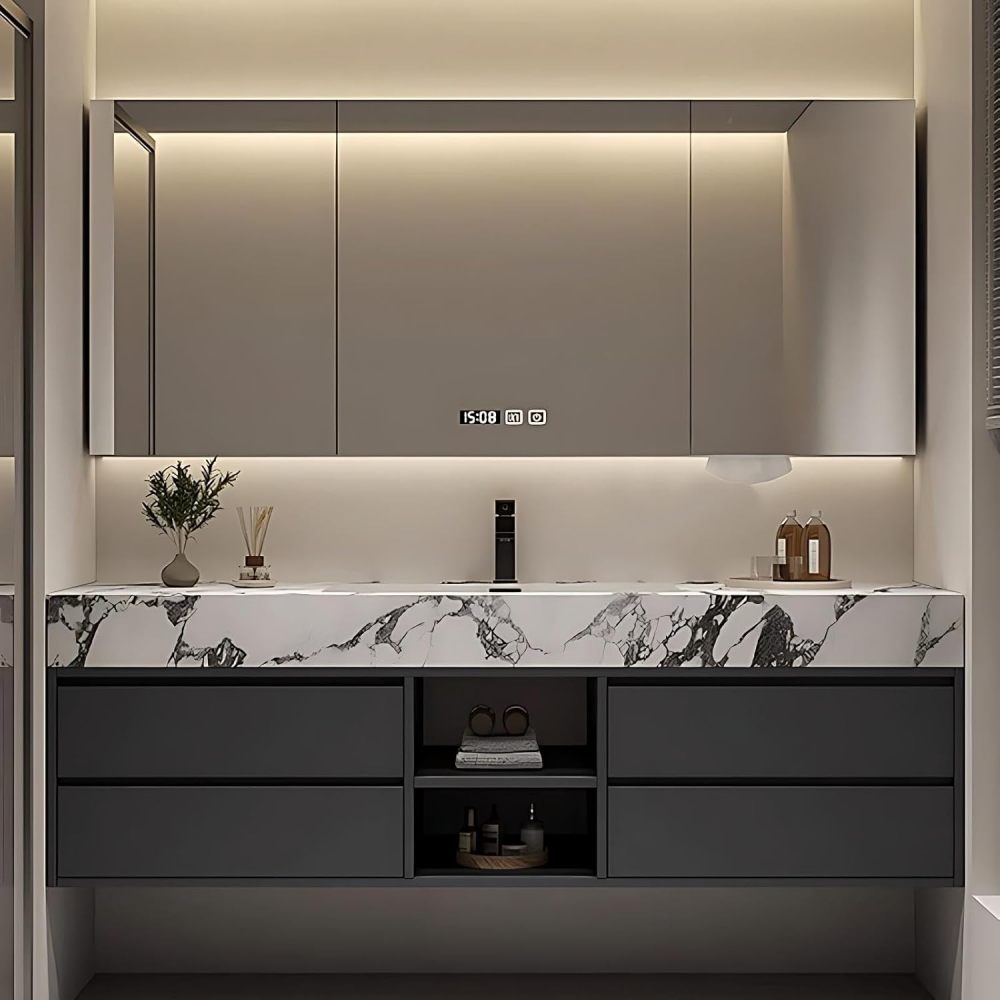 98IN Bathroom Vanity - Simple Bathroom Vanity Smart Defog Mirror & Seamless Sink, Solid Wood Sink Cabinet with 4 Drawers, Complete Accessories, No Assembly Required, Grey