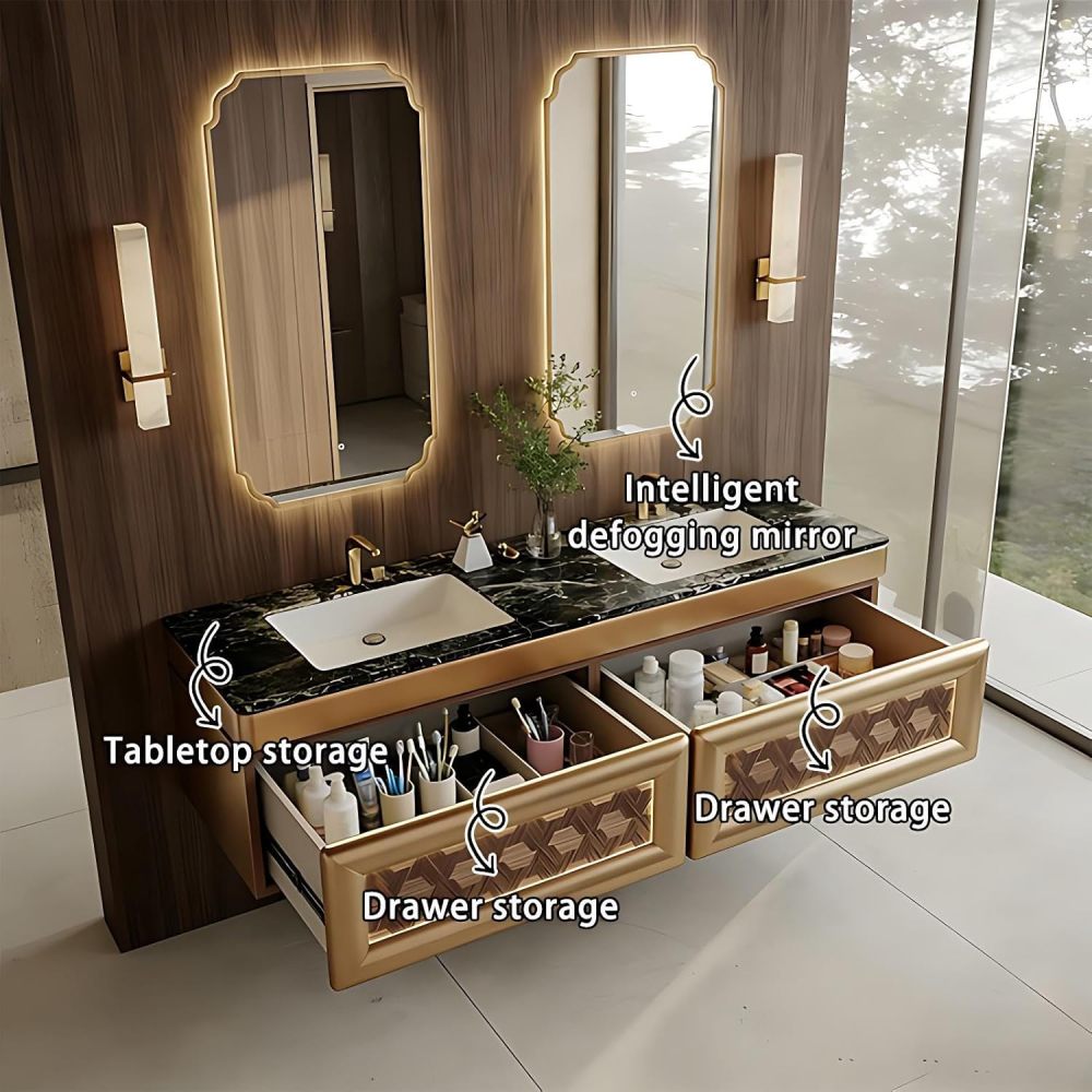 60IN Double Sink Bathroom Vanity - Luxury Bathroom Vanity with Smart Defog Mirror & 2 Drawers, One-Touch Defog & Lighting, Floating Sink Cabinet with Seamless Sink, No Assembly Required