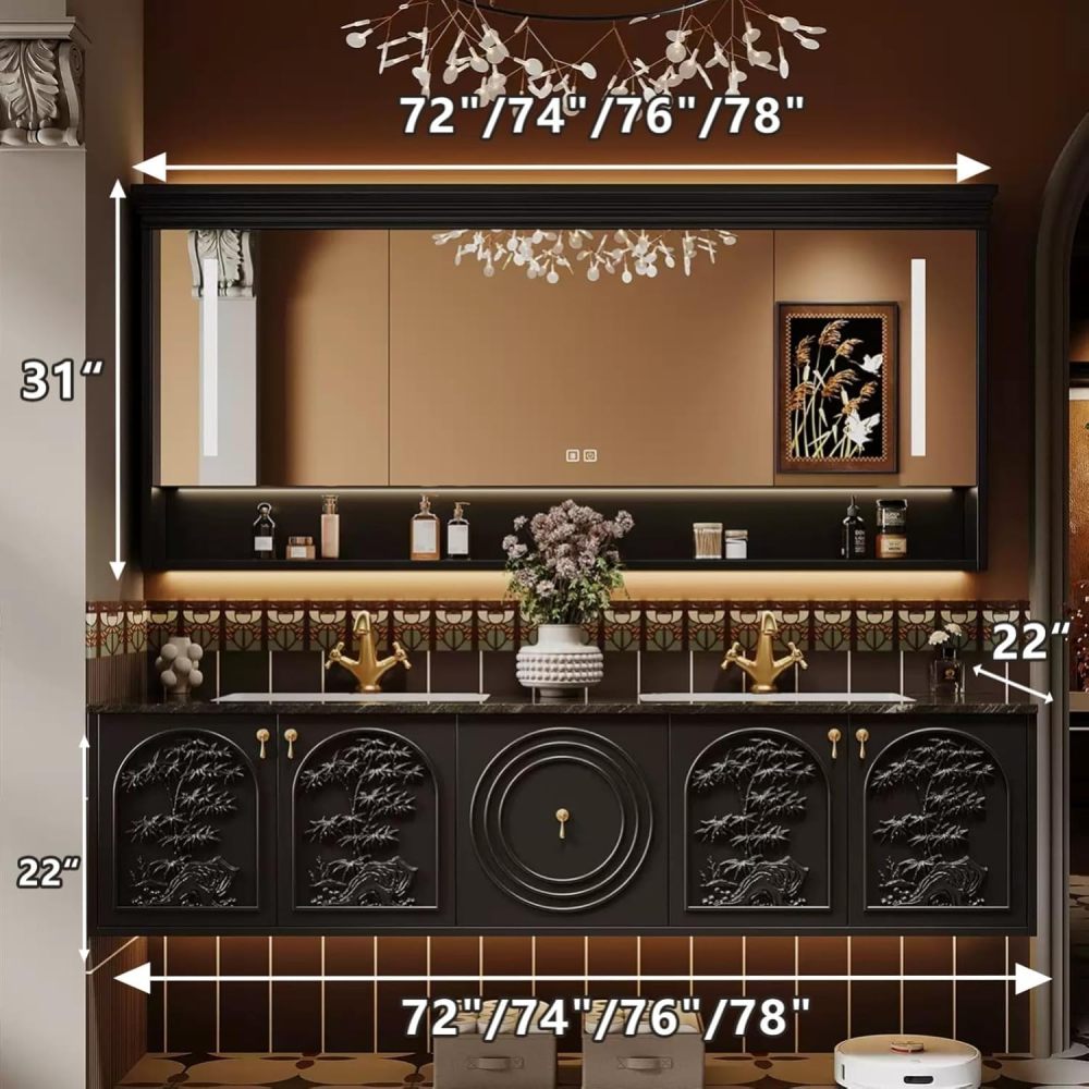 72IN Bathroom Vanity with Sink - Solid Wood Wall-Mounted Sink Cabinet, Smart Anti-Fog LED Mirror, Fully Assembled Bathroom Vanity Set with Drawers, Black B