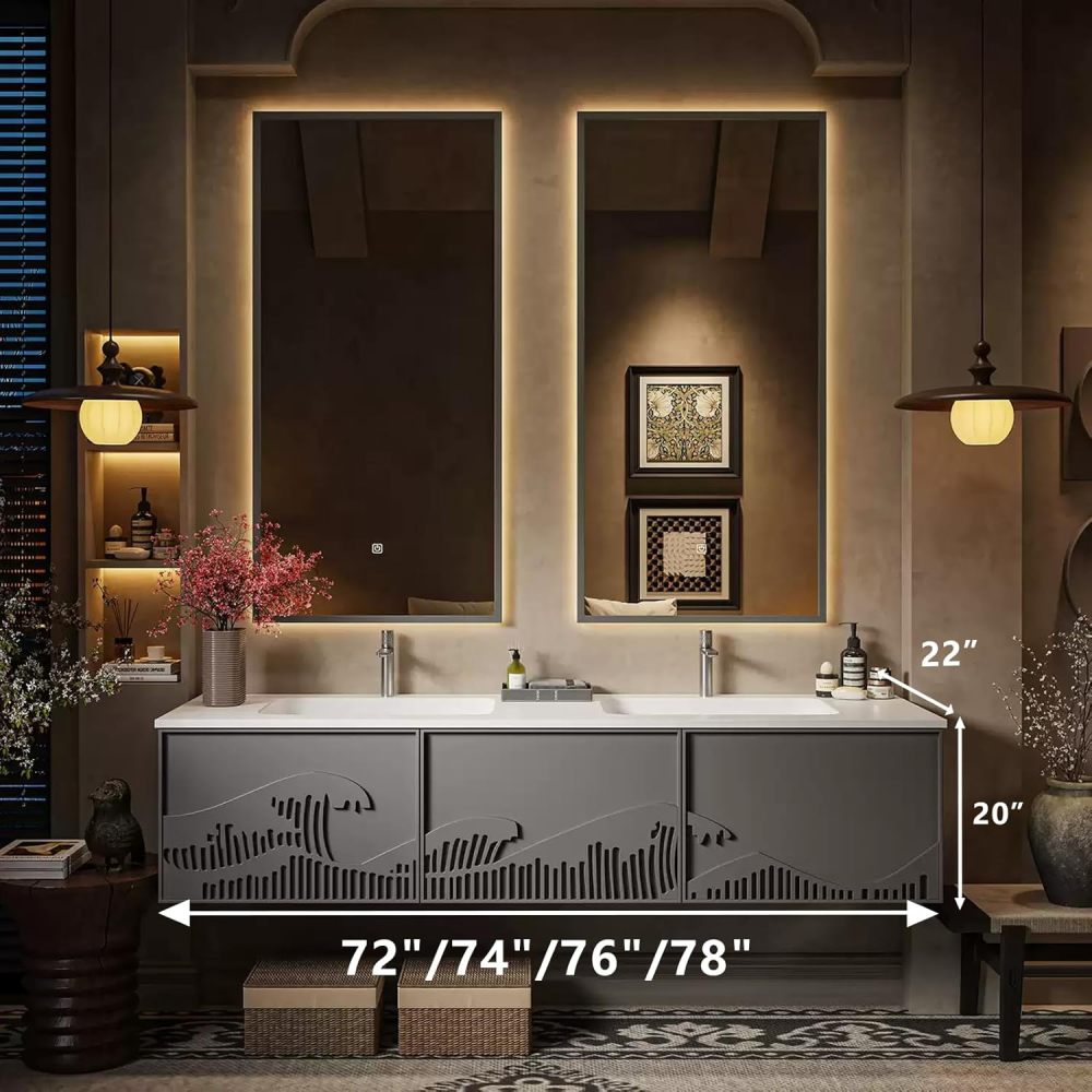 72IN Bathroom Vanity with Sink - Solid Wood Wall-Mounted Bathroom Vanity with Ample Storage, Smart Anti-Fog Mirror & Seamless Basin, Complete Accessorie, Fully Assembled
