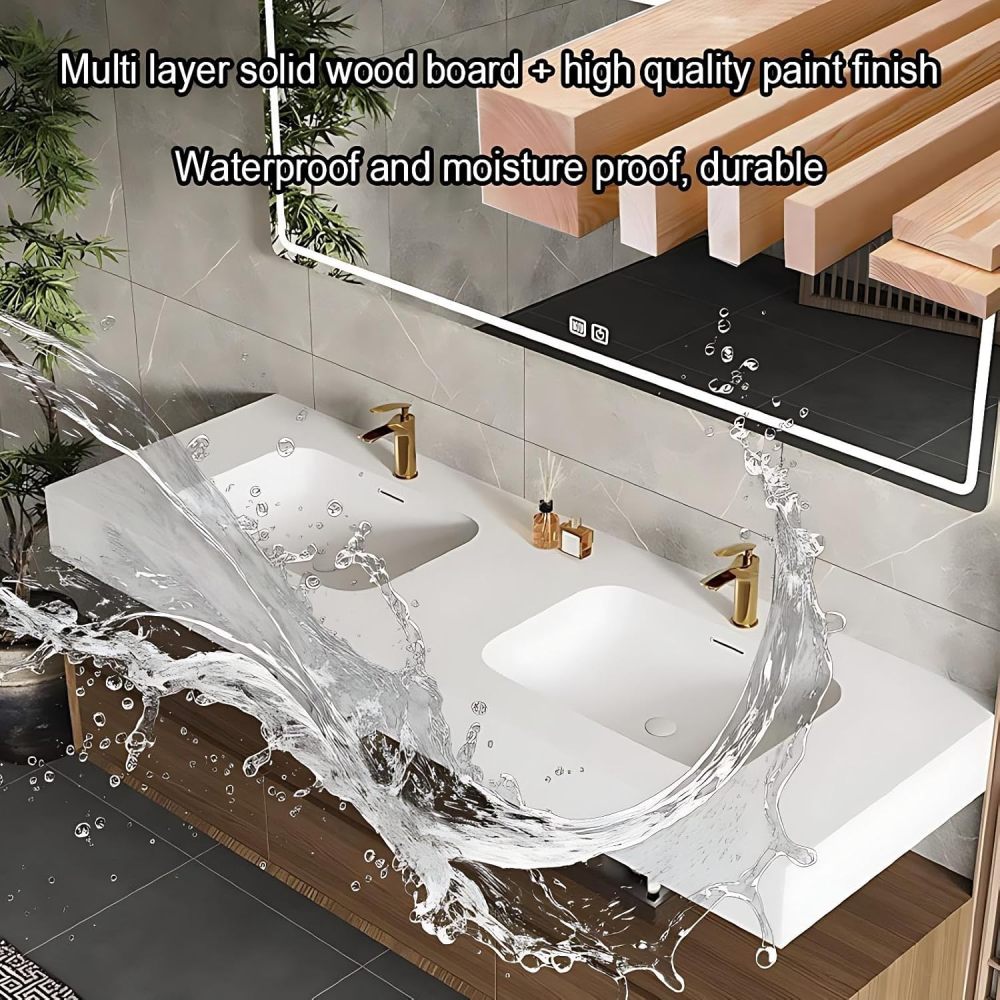 70IN Double Sink Bathroom Vanity - Modern Bathroom Vanity with Smart Defog Mirror, Simple Modern Sink Cabinet with 3 Large Capacity Drawers, No Assembly Required