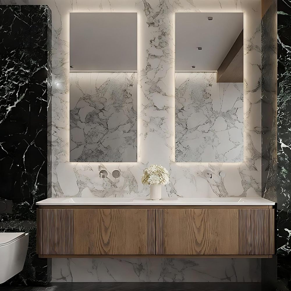 62IN Double Sink Bathroom Vanity - Solid Wood Bathroom Vanity with Smart Defog Mirror, Modern Sink Cabinet with 2 Large Capacity Drawers, No Assembly Required