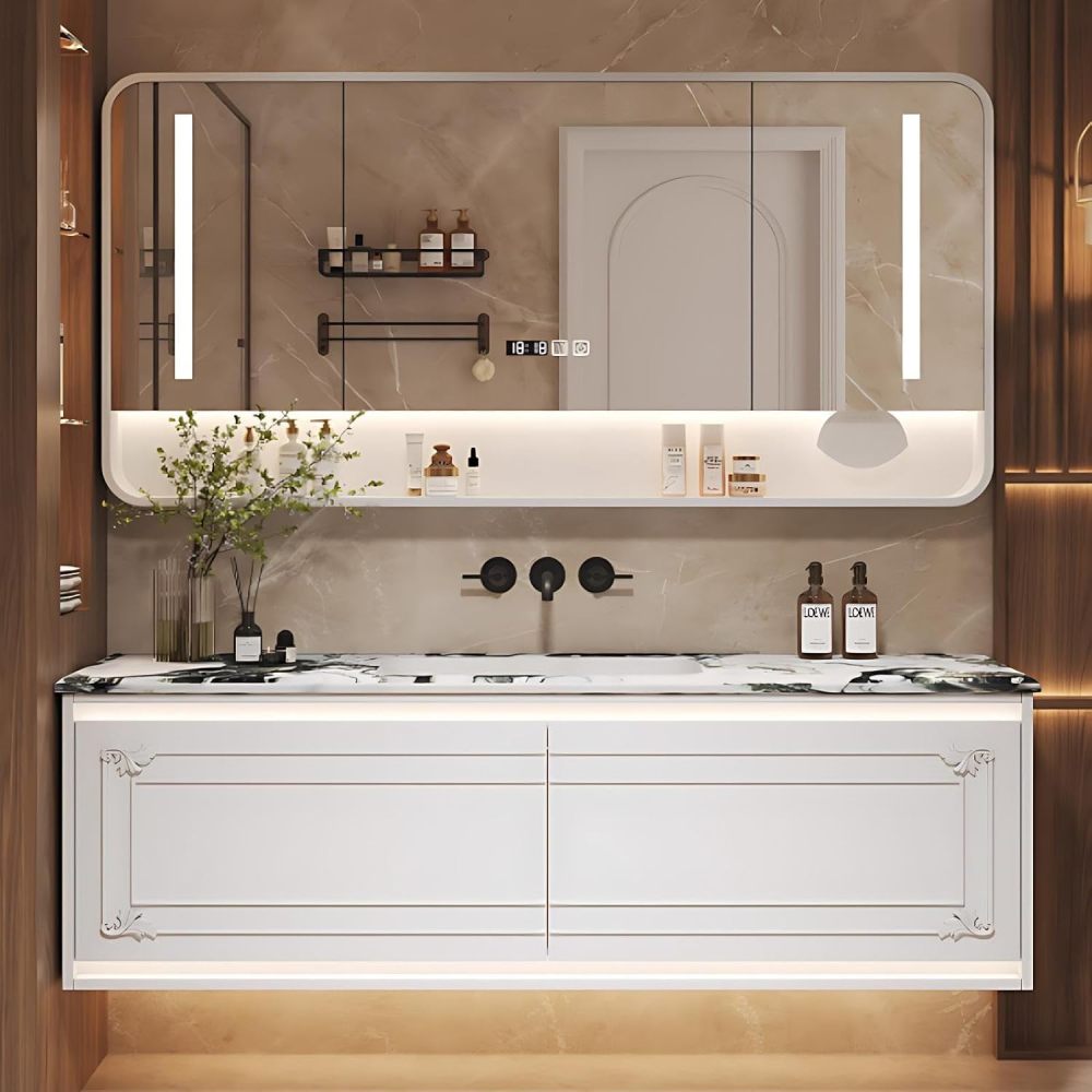 72IN Single Sink Bathroom Vanity - Small Bathroom Sink Cabinet with 2 Drawer Storage, Anti-Fog Mirror, Seamless Basin, Wall-Mounted Design | Complete Accessories, Fully Assembled, White