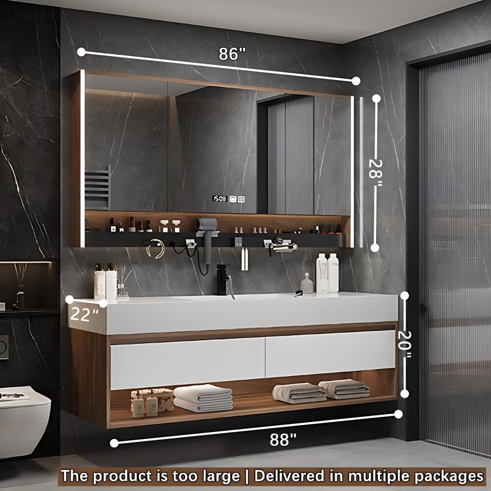 Elegant Bathroom Vanity with Sink - Durable Bathroom Sink Cabinet & Intelligent Defogging LED Mirror Set | Wall Mount | Multi-Layer Solid Wood Material | Modern and Stylish Design (88")